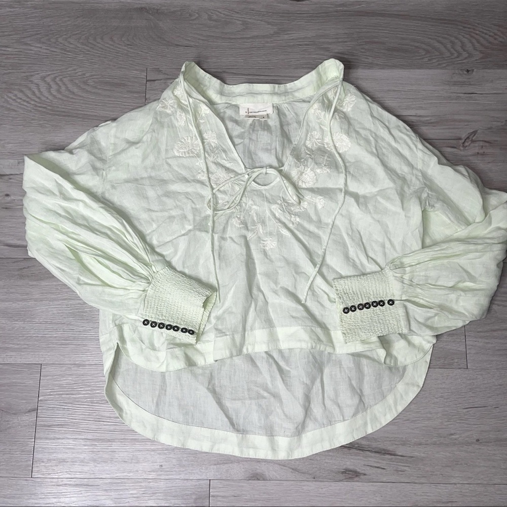 Anthropologie Top Linen Peasant Embroidered M Bohemian Cottagecore Euro-summer